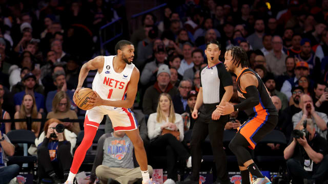 Mar 1, 2023; New York, New York, USA; Brooklyn Nets forward Mikal Bridges (1) controls the ball against New York Knicks guard Jalen Brunson (11) during the third quarter at Madison Square Garden. Mandatory Credit: Brad Penner-USA TODAY Sports
